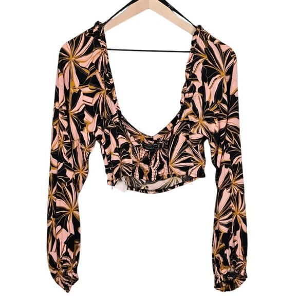 Minkpink Ziba Top XS Black Pink Floral Puff Sleeve Cropped Blouse Boho Vacay - Picture 4 of 6
